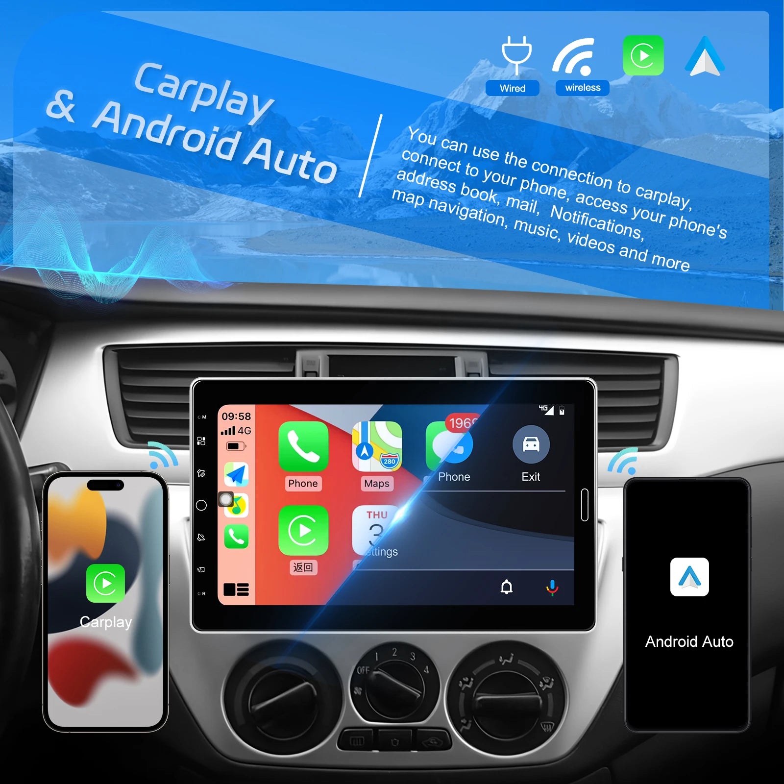 Podofo Autoradio 10.1" Écran Rotatif 1 Din – CarPlay, Android Auto, Bluetooth, FM/AM/RDS