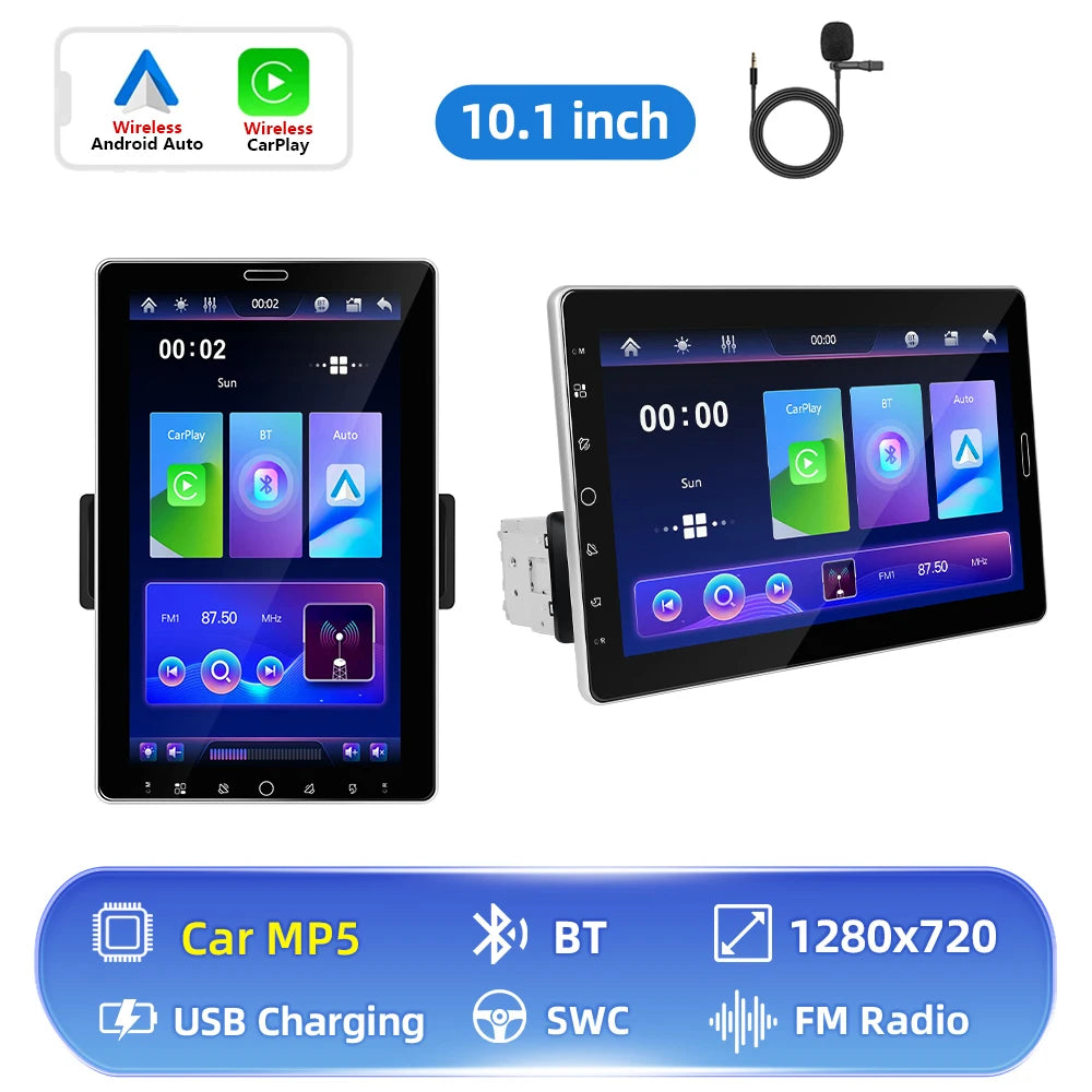 Podofo Autoradio 10.1" Écran Rotatif 1 Din – CarPlay, Android Auto, Bluetooth, FM/AM/RDS