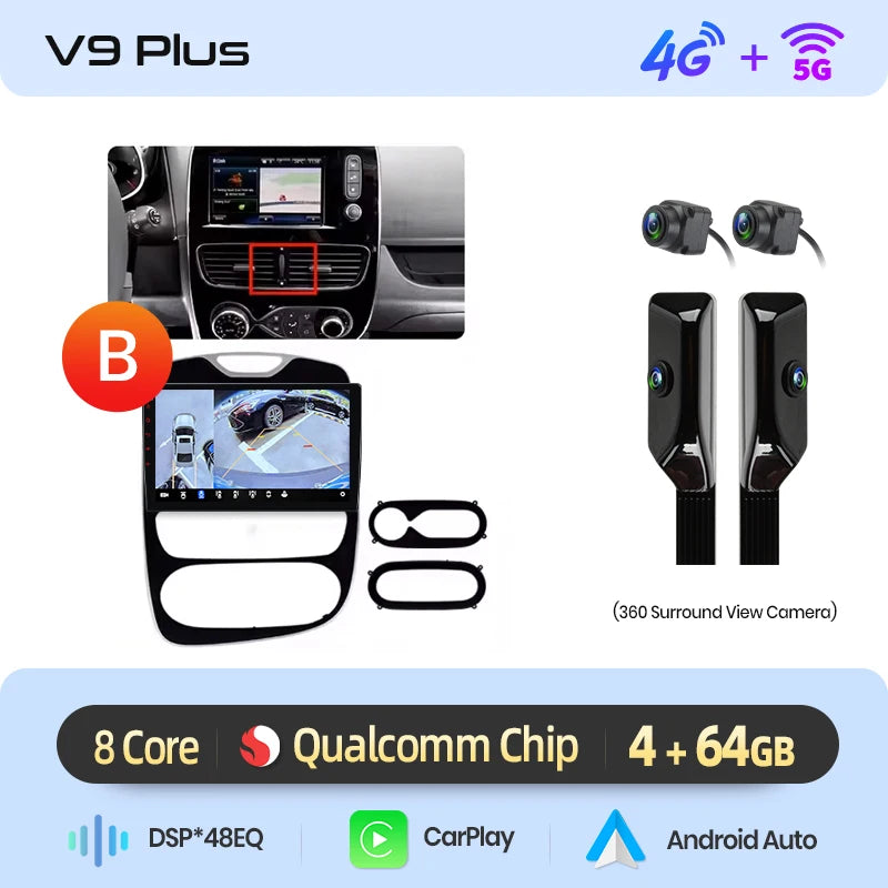 Autoradio Junsun 10" Android 13 pour Renault Clio 4 (2012-2017) – CarPlay & Android Auto sans fil, GPS, Caméra 360°