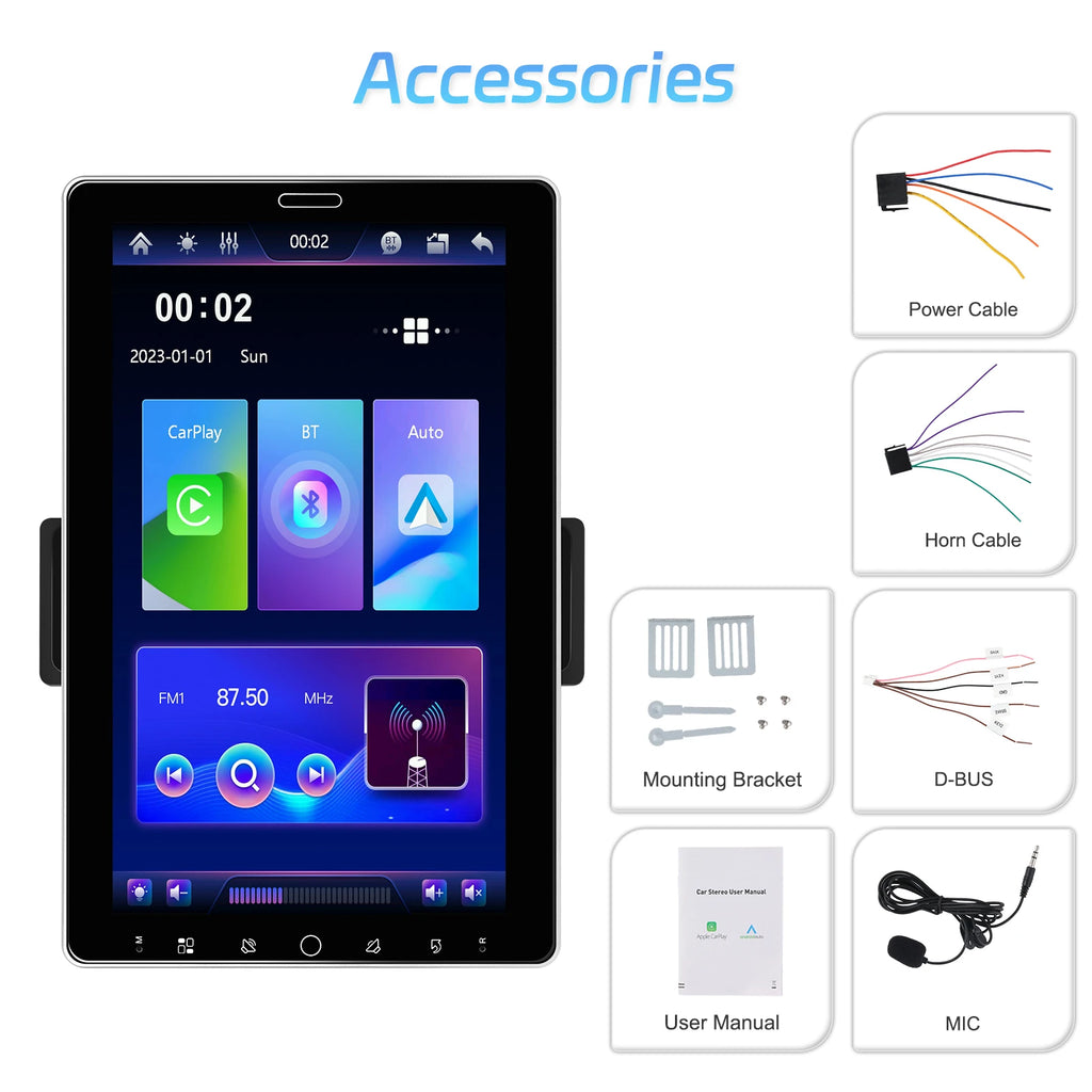 Podofo Autoradio 10.1" Écran Rotatif 1 Din – CarPlay, Android Auto, Bluetooth, FM/AM/RDS
