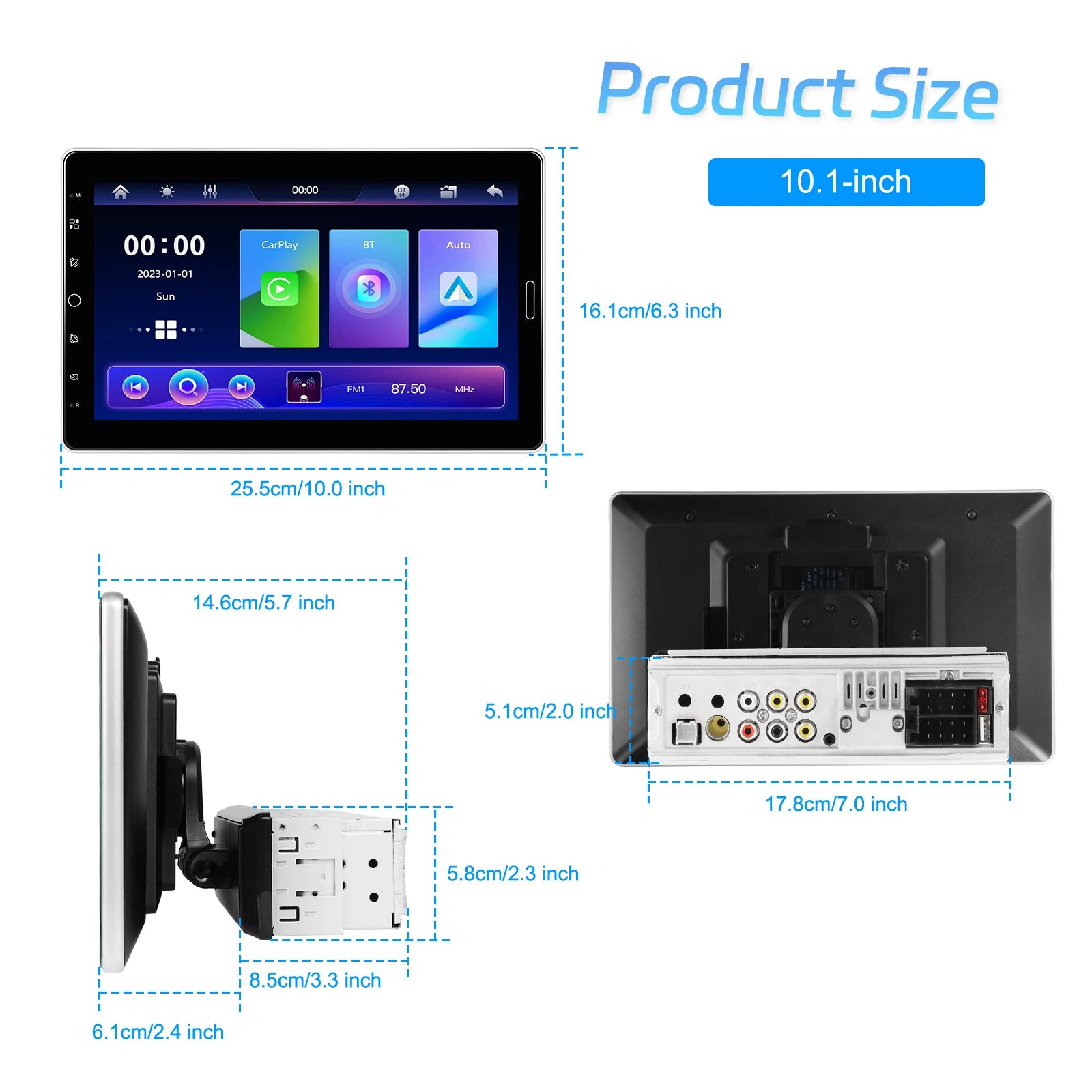 Podofo Autoradio 10.1" Écran Rotatif 1 Din – CarPlay, Android Auto, Bluetooth, FM/AM/RDS