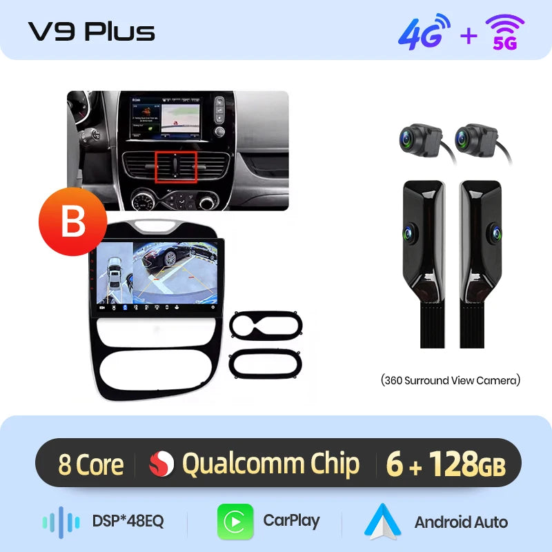 Autoradio Junsun 10" Android 13 pour Renault Clio 4 (2012-2017) – CarPlay & Android Auto sans fil, GPS, Caméra 360°