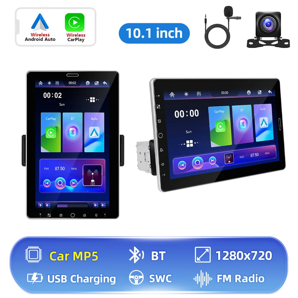 Podofo Autoradio 10.1" Écran Rotatif 1 Din – CarPlay, Android Auto, Bluetooth, FM/AM/RDS