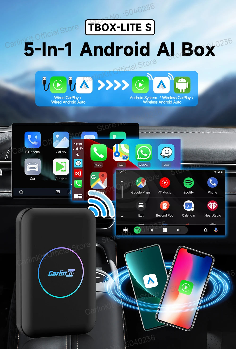 CarlinKit HDMI 5-en-1 Boîtier Android TV Adaptateur Sans Fil – Compatible Netflix, IPTV, Android Auto & CarPlay pour Autoradios