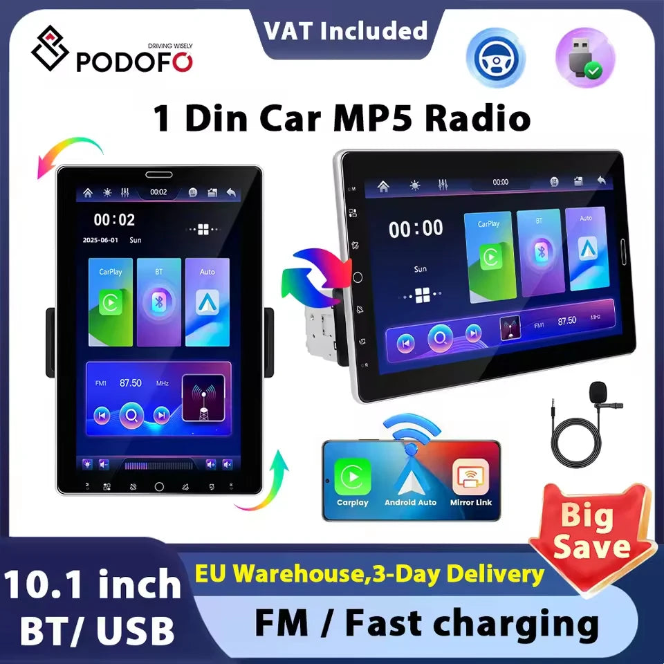 Podofo Autoradio 10.1" Écran Rotatif 1 Din – CarPlay, Android Auto, Bluetooth, FM/AM/RDS