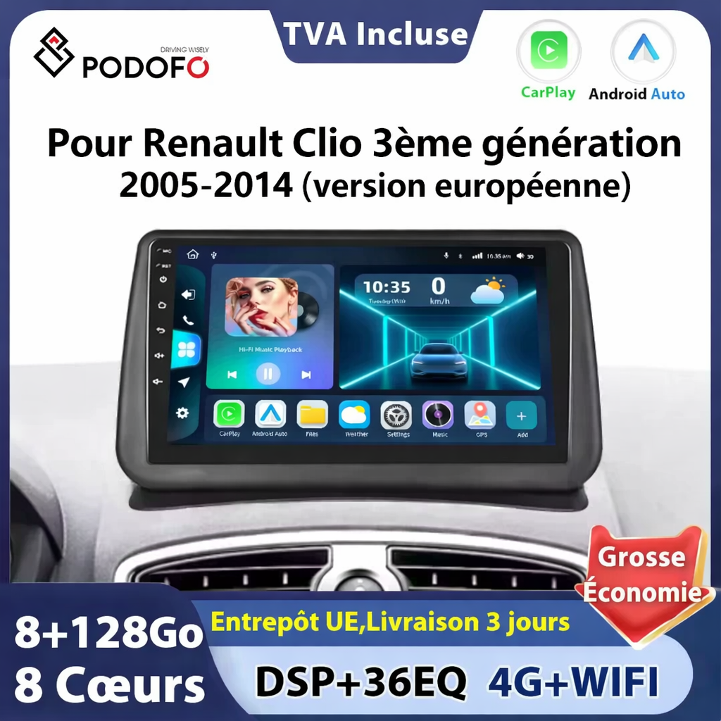 Autoradio Android 2 DIN – Renault Clio 3 (2005-2014) | CarPlay, GPS, WiFi
